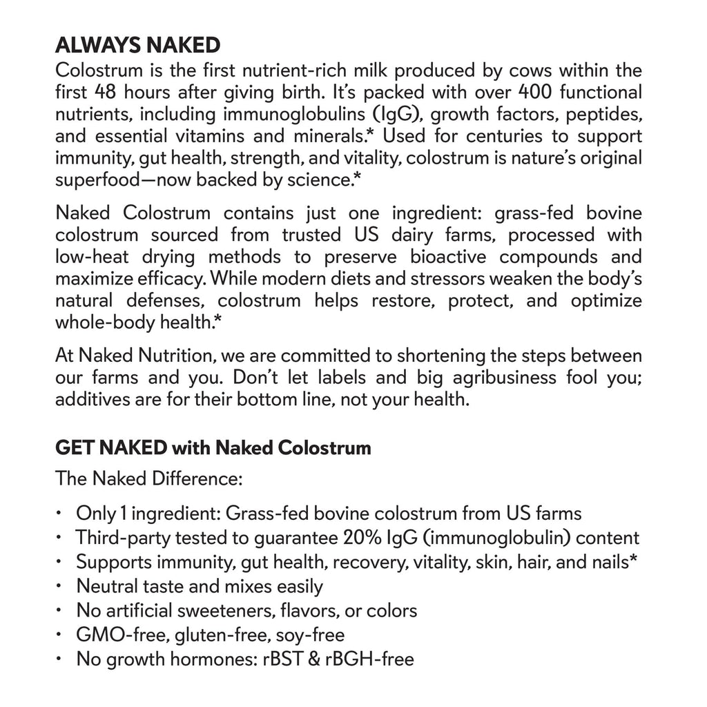 NAKED Colostrum Powder – 100% Grass-Fed Bovine Colostrum Supplement from US Farms | Tested at 20%+ IgG | Gut Health, Immunity, Recovery & Skin Support - 150 Servings - TrustMedUSA