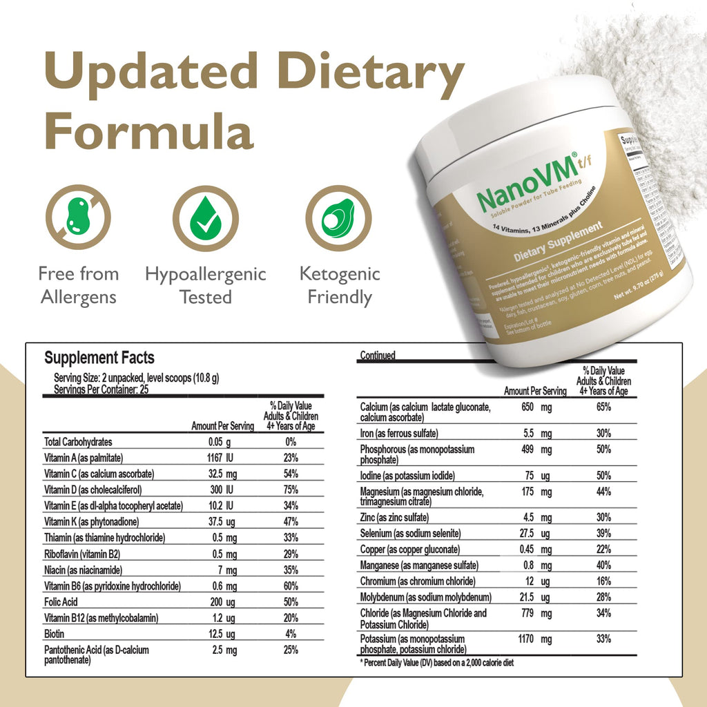 NanoVM t/f, Dietary Supplement for Tube Feeding, Allergen-Free Kids Multivitamin, Unflavored Vitamin Powder with 14 Vitamins & 13 Minerals, Low-Carb Kids Vitamins, 275g - Solace Nutrition - TrustMedUSA