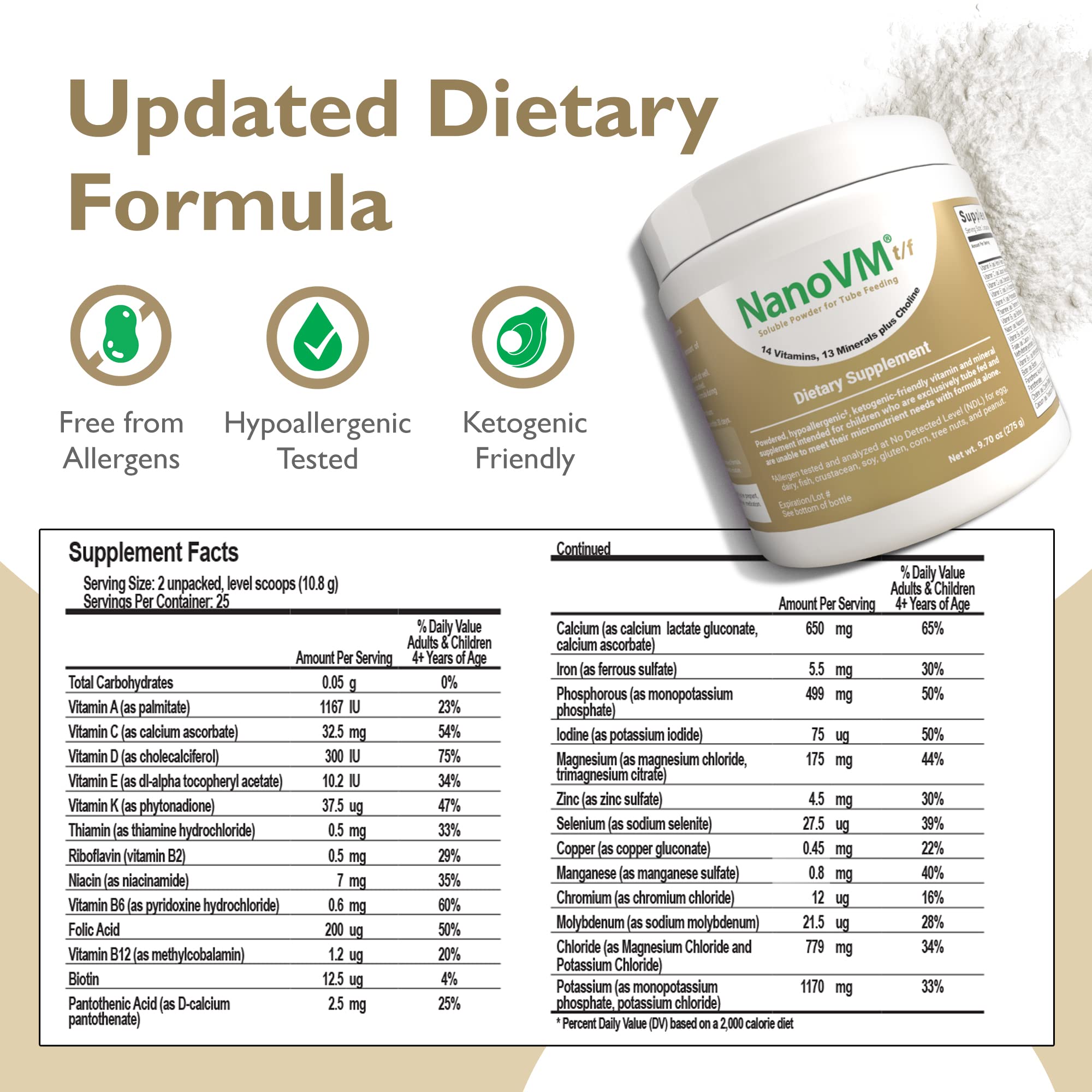 NanoVM t/f, Dietary Supplement for Tube Feeding, Allergen-Free Kids Multivitamin, Unflavored Vitamin Powder with 14 Vitamins & 13 Minerals, Low-Carb Kids Vitamins, 275g - Solace Nutrition - TrustMedUSA