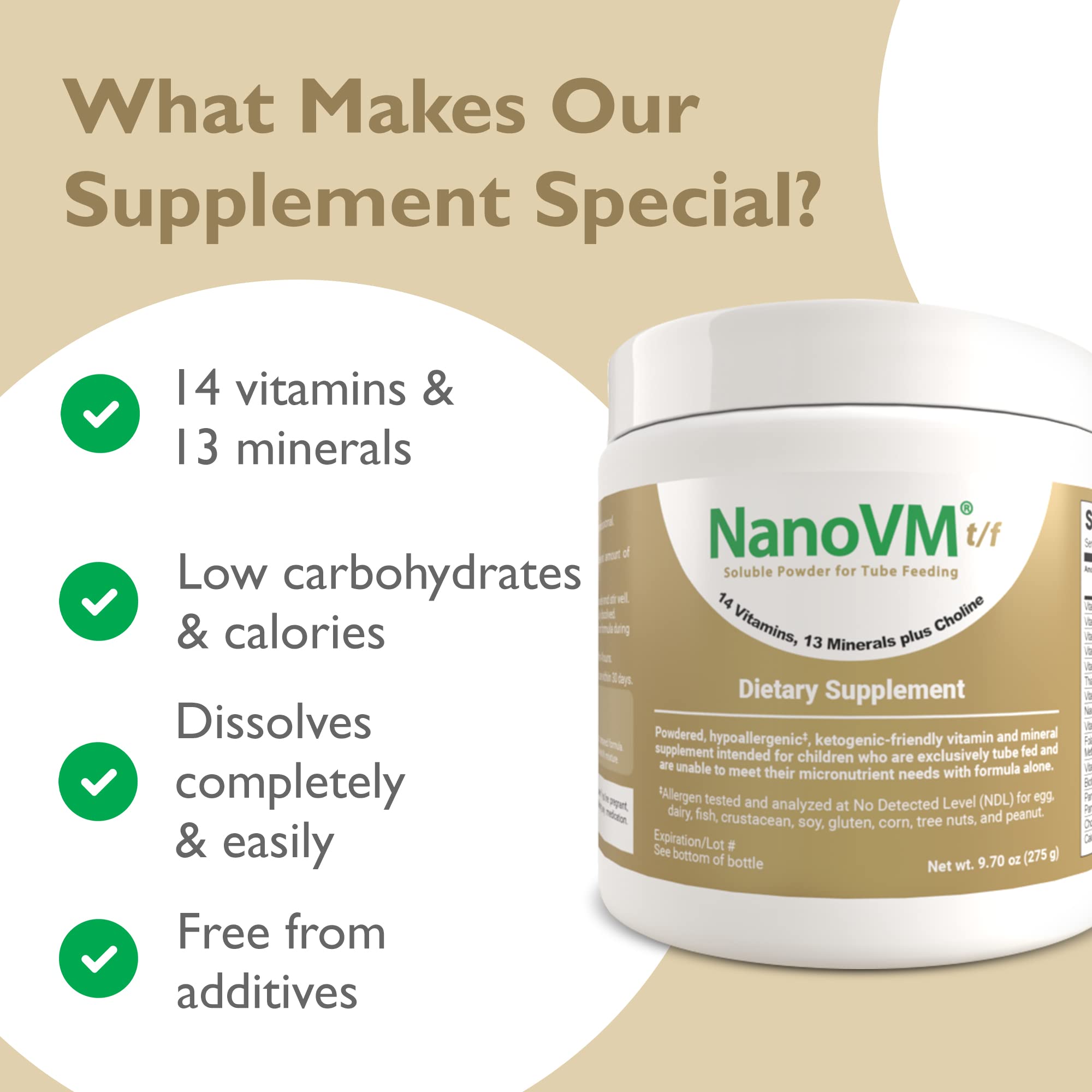 NanoVM t/f, Dietary Supplement for Tube Feeding, Allergen-Free Kids Multivitamin, Unflavored Vitamin Powder with 14 Vitamins & 13 Minerals, Low-Carb Kids Vitamins, 275g - Solace Nutrition - TrustMedUSA