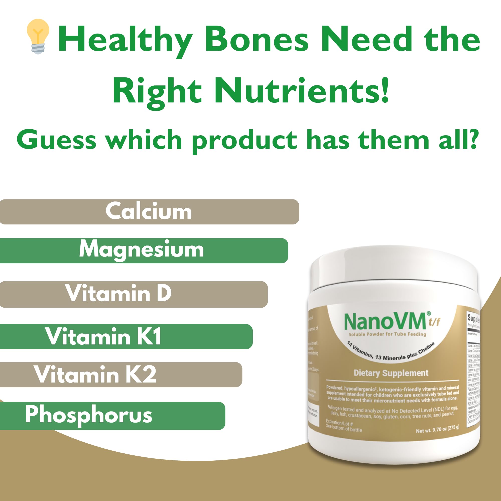 NanoVM t/f, Dietary Supplement for Tube Feeding, Allergen-Free Kids Multivitamin, Unflavored Vitamin Powder with 14 Vitamins & 13 Minerals, Low-Carb Kids Vitamins, 275g - Solace Nutrition - TrustMedUSA