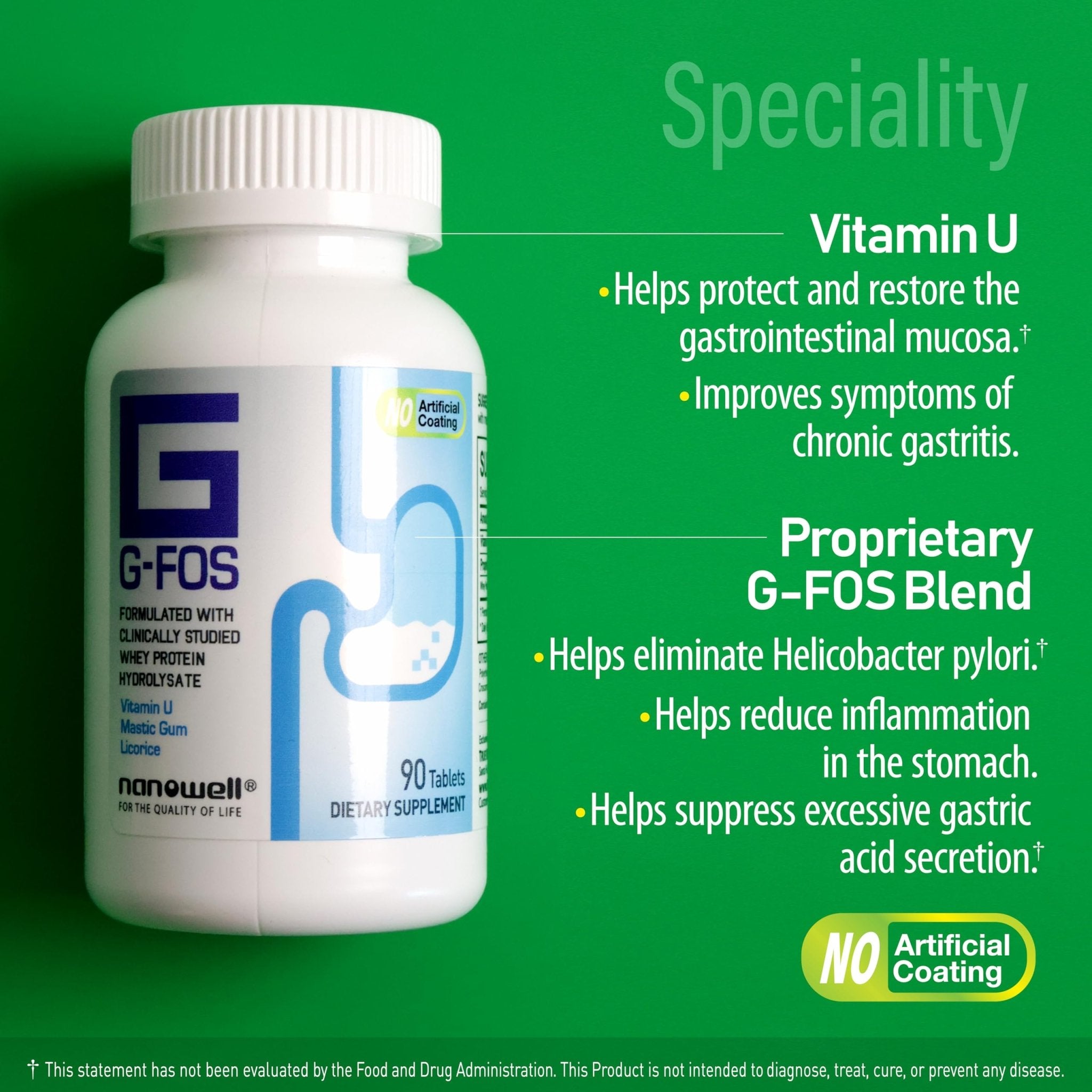 NANOWELL G-FOS Digestive Health Supplement, Vitamin U - 90 Tablets X 2 Bottles for 2 Months (180 Count) - TrustMedUSA