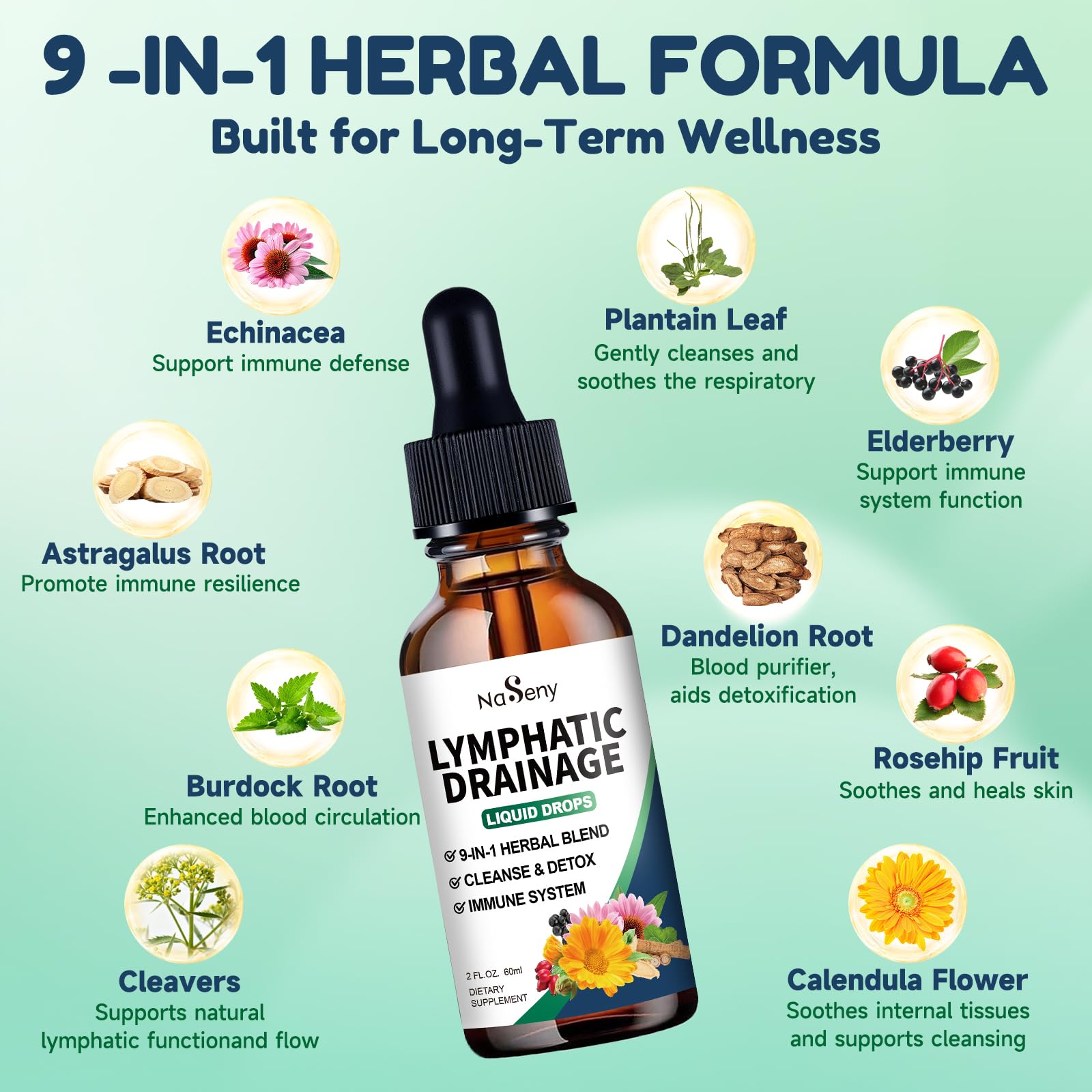 NaSeny Lymphatic Drainage Drops, 9 IN1 Lymphatic Drainage Supplements for Detox & Cleanse, Immune System Support with Echinacea, Elderberry, Dandelion, Arctium Lappa, 2 FL OZ - Maple Wellness Supplements