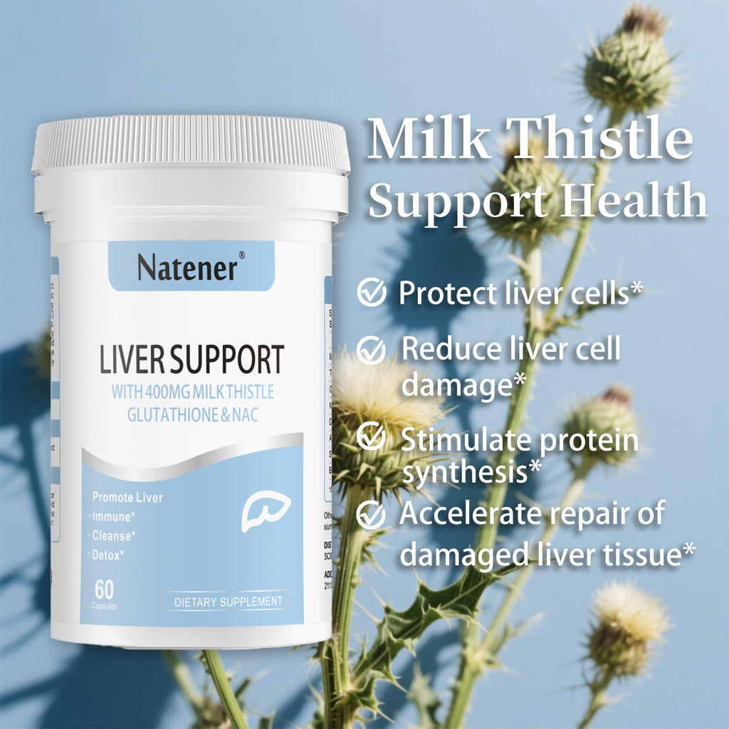 Natener Liver Support with 200mg Milk Thistle, 100mg Glutathione, 100mg NAC, 150mg Tumeric, Dandelion, Artichoke, Liver Cleanse Detox & Repair, Supports Energy*, Immunity & Liver Health*, 60 caps - Maple Wellness Supplements