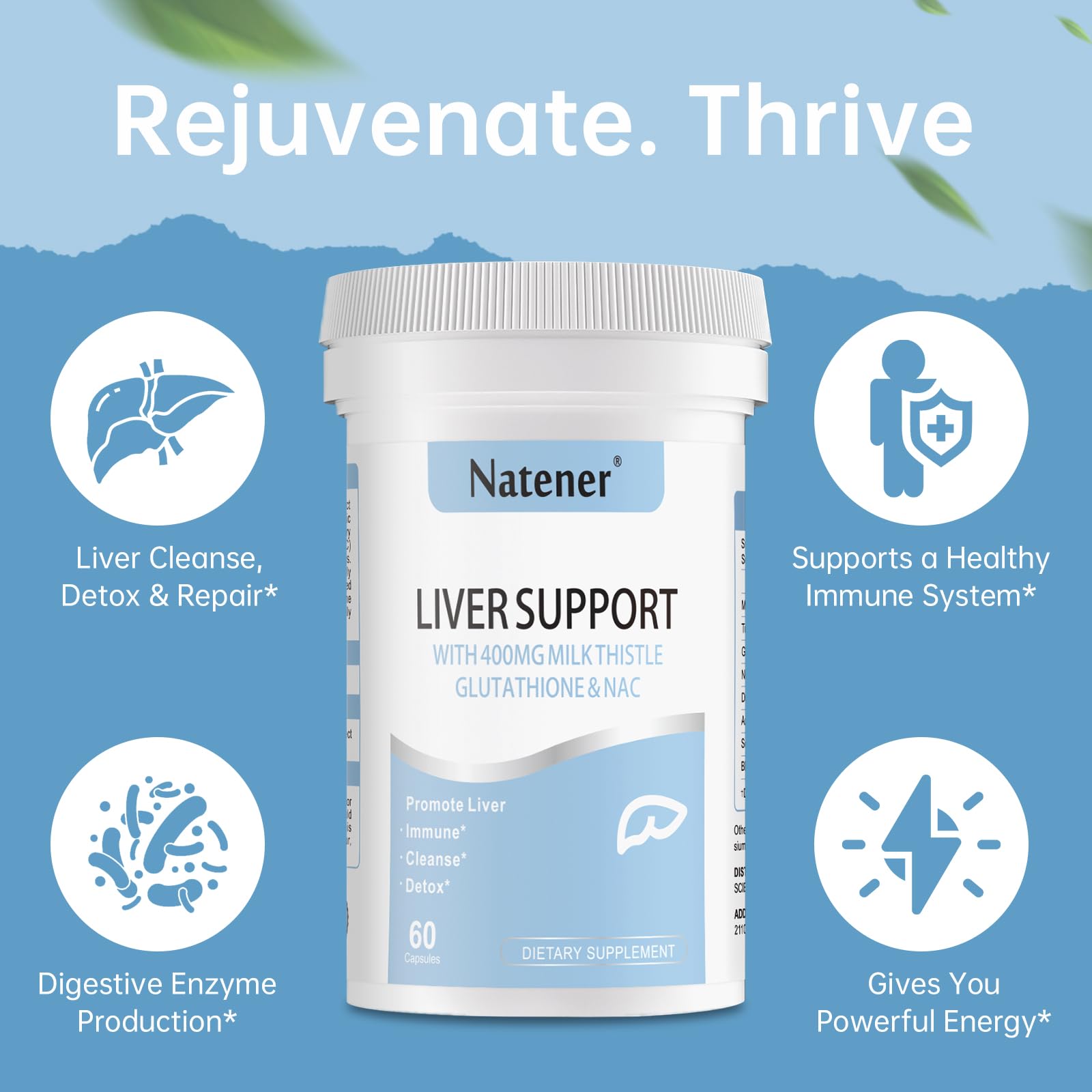 Natener Liver Support with 200mg Milk Thistle, 100mg Glutathione, 100mg NAC, 150mg Tumeric, Dandelion, Artichoke, Liver Cleanse Detox & Repair, Supports Energy*, Immunity & Liver Health*, 60 caps - Maple Wellness Supplements