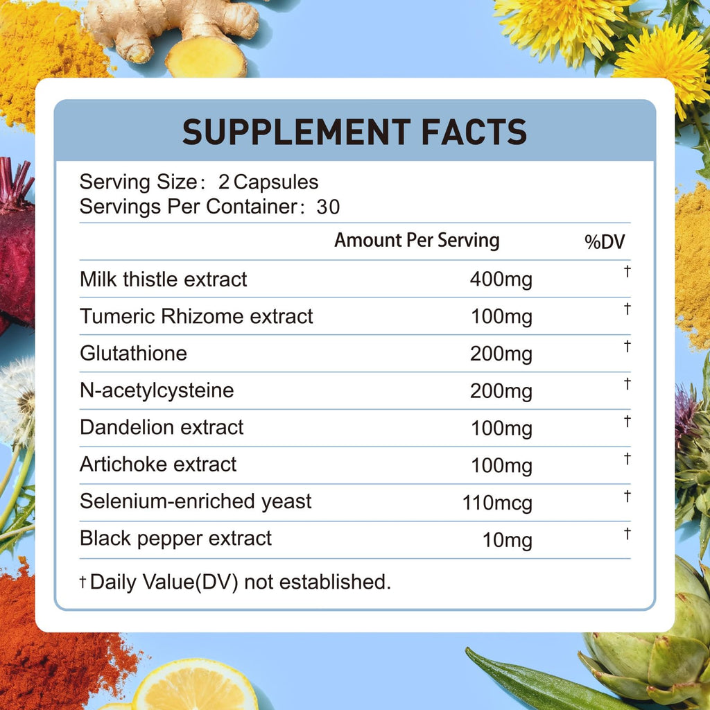 Natener Liver Support with 200mg Milk Thistle, 100mg Glutathione, 100mg NAC, 150mg Tumeric, Dandelion, Artichoke, Liver Cleanse Detox & Repair, Supports Energy*, Immunity & Liver Health*, 60 caps - Maple Wellness Supplements