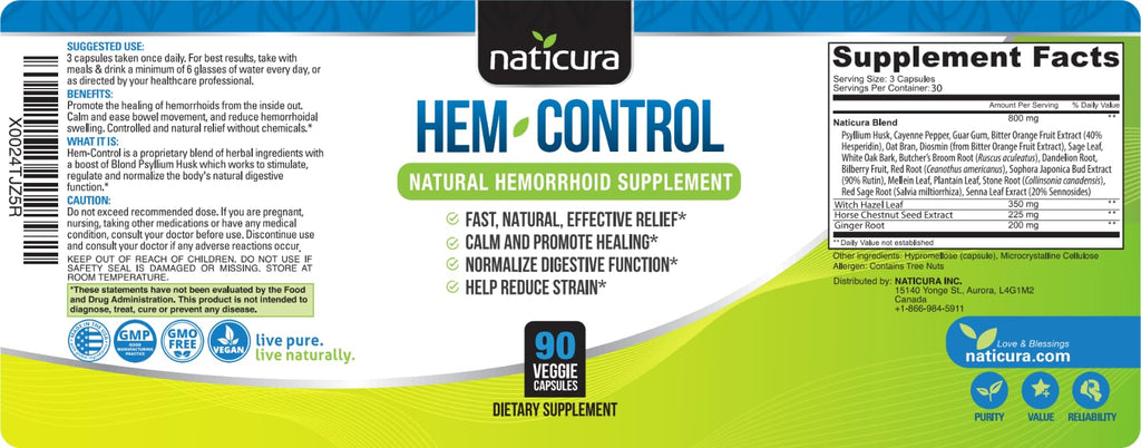 Naticura Bundle - Hem-Control Vegan Digestive Support Supplement (180 Count) and Alleviate Natural Hemorrhoid Relief Cream for Burning, Itching and Swelling (1.7 oz) Plus 2 Travel-Size Tubes - TrustMedUSA