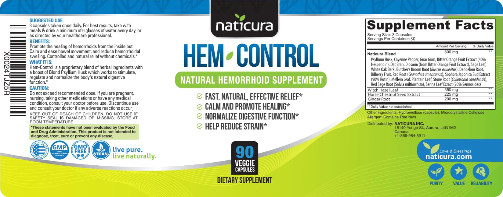 Naticura Bundle - Hem-Control Vegan Digestive Support Supplement (180 Count) and Alleviate Natural Hemorrhoid Relief Cream for Burning, Itching and Swelling (1.7 oz) Plus 2 Travel-Size Tubes - TrustMedUSA