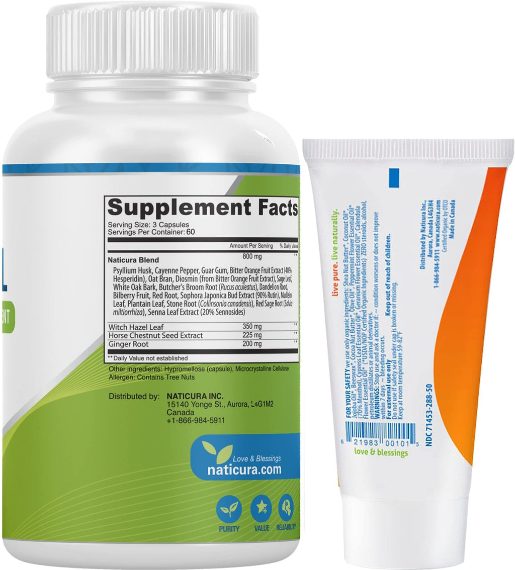 Naticura Bundle - Hem-Control Vegan Digestive Support Supplement (180 Count) and Alleviate Natural Hemorrhoid Relief Cream for Burning, Itching and Swelling (1.7 oz) Plus 2 Travel-Size Tubes - TrustMedUSA
