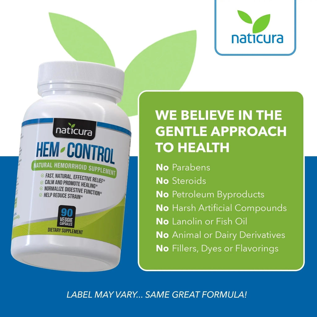 Naticura Hem-Control - Fast Effective Hemorrhoid Treatment Supplement - Powerful Formula to Promote Symptom Relief, Shrinking of Hemorrhoids, Ease Discomfort - 90 Vegan Capsules - Made in USA - TrustMedUSA