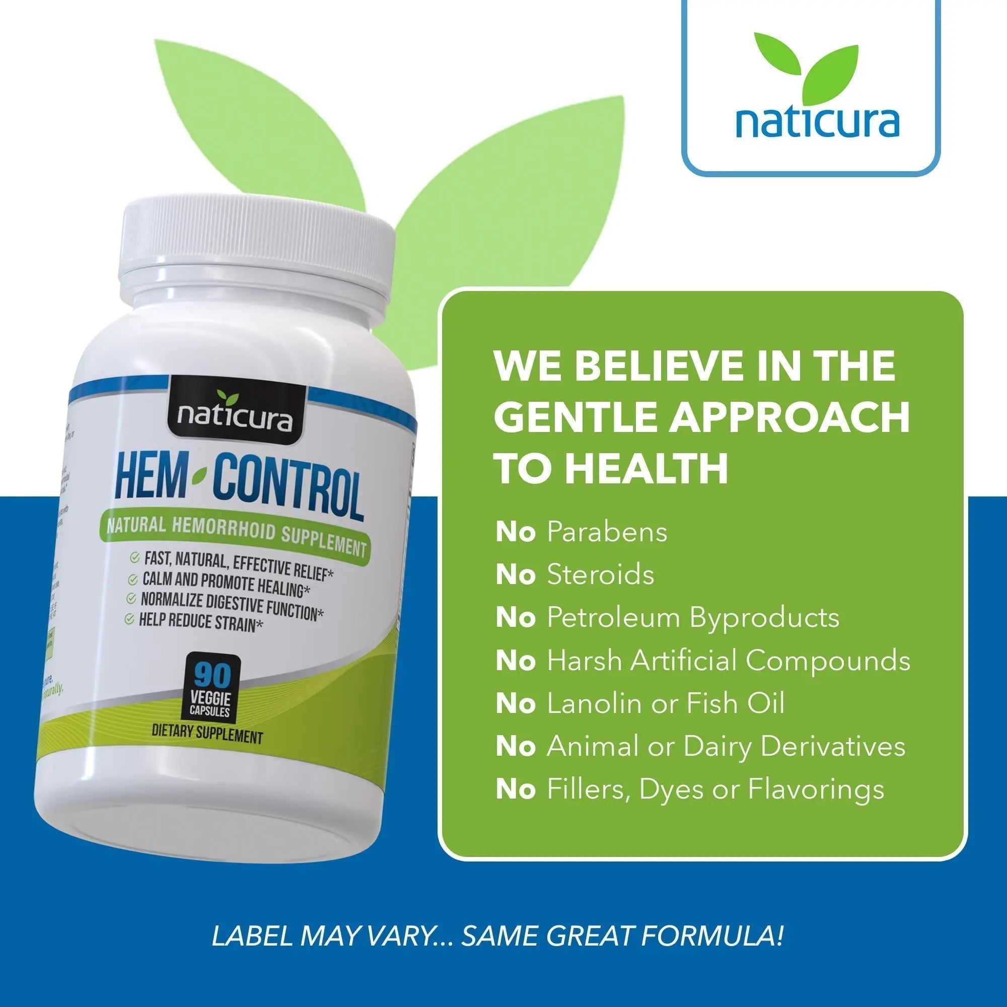 Naticura Hem-Control - Fast Effective Hemorrhoid Treatment Supplement - Powerful Formula to Promote Symptom Relief, Shrinking of Hemorrhoids, Ease Discomfort - 90 Vegan Capsules - Made in USA - TrustMedUSA