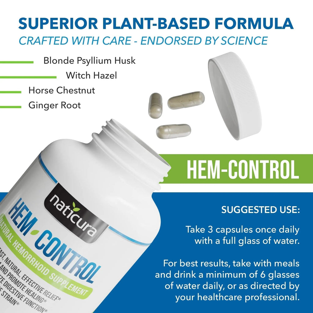 Naticura Hem-Control - Fast Effective Hemorrhoid Treatment Supplement - Powerful Formula to Promote Symptom Relief, Shrinking of Hemorrhoids, Ease Discomfort - 90 Vegan Capsules - Made in USA - TrustMedUSA
