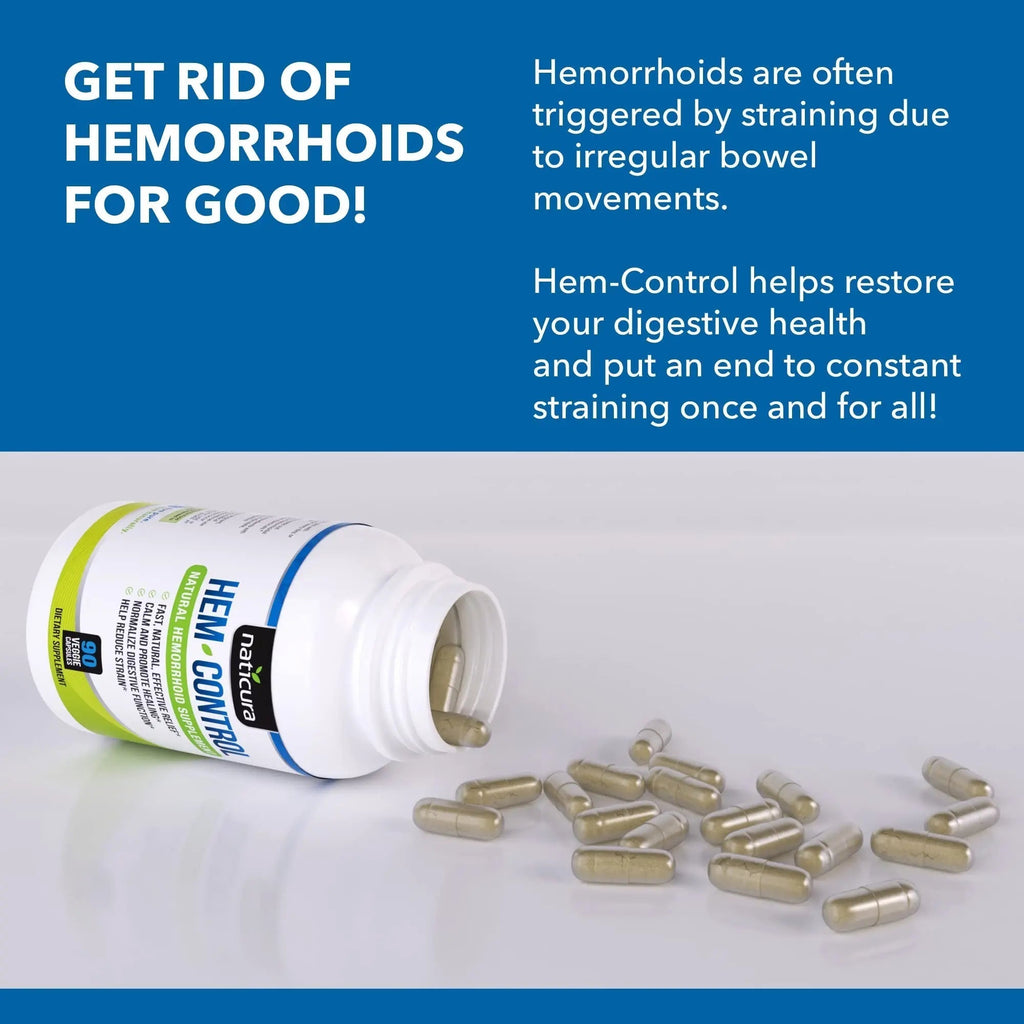 Naticura Hem-Control - Fast Effective Hemorrhoid Treatment Supplement - Powerful Formula to Promote Symptom Relief, Shrinking of Hemorrhoids, Ease Discomfort - 90 Vegan Capsules - Made in USA - TrustMedUSA
