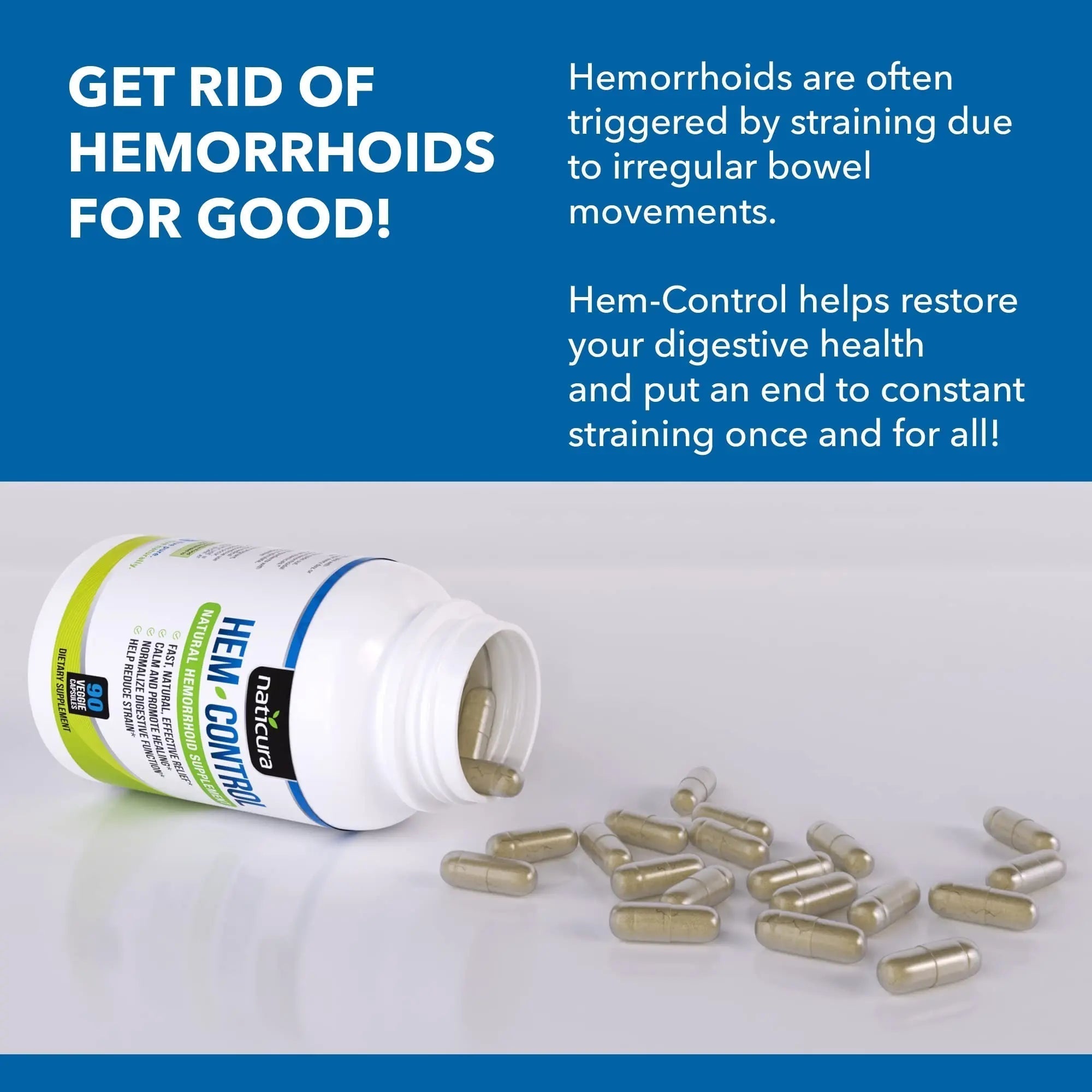 Naticura Hem-Control - Fast Effective Hemorrhoid Treatment Supplement - Powerful Formula to Promote Symptom Relief, Shrinking of Hemorrhoids, Ease Discomfort - 90 Vegan Capsules - Made in USA - TrustMedUSA