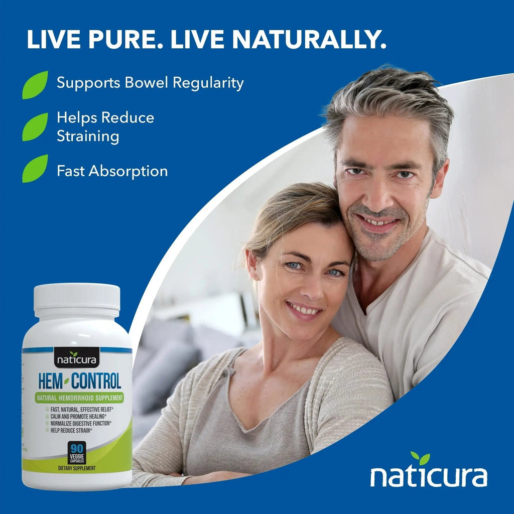 Naticura Hem-Control - Fast Effective Hemorrhoid Treatment Supplement - Powerful Formula to Promote Symptom Relief, Shrinking of Hemorrhoids, Ease Discomfort - 90 Vegan Capsules - Made in USA - TrustMedUSA