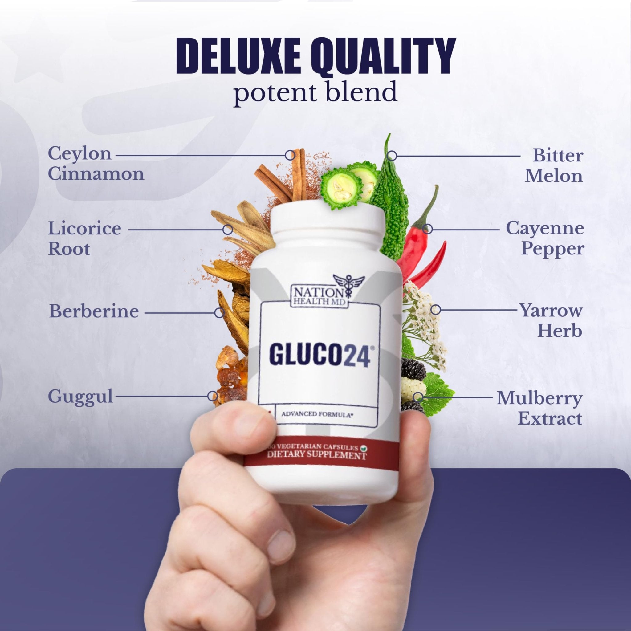 NATION HEALTH MD Gluco24 Advanced Formula - Dietary Supplement with Ceylon Cinnamon Bark Extract, Berberine HCI, Magnesium & Zinc - 60 Capsules - TrustMedUSA