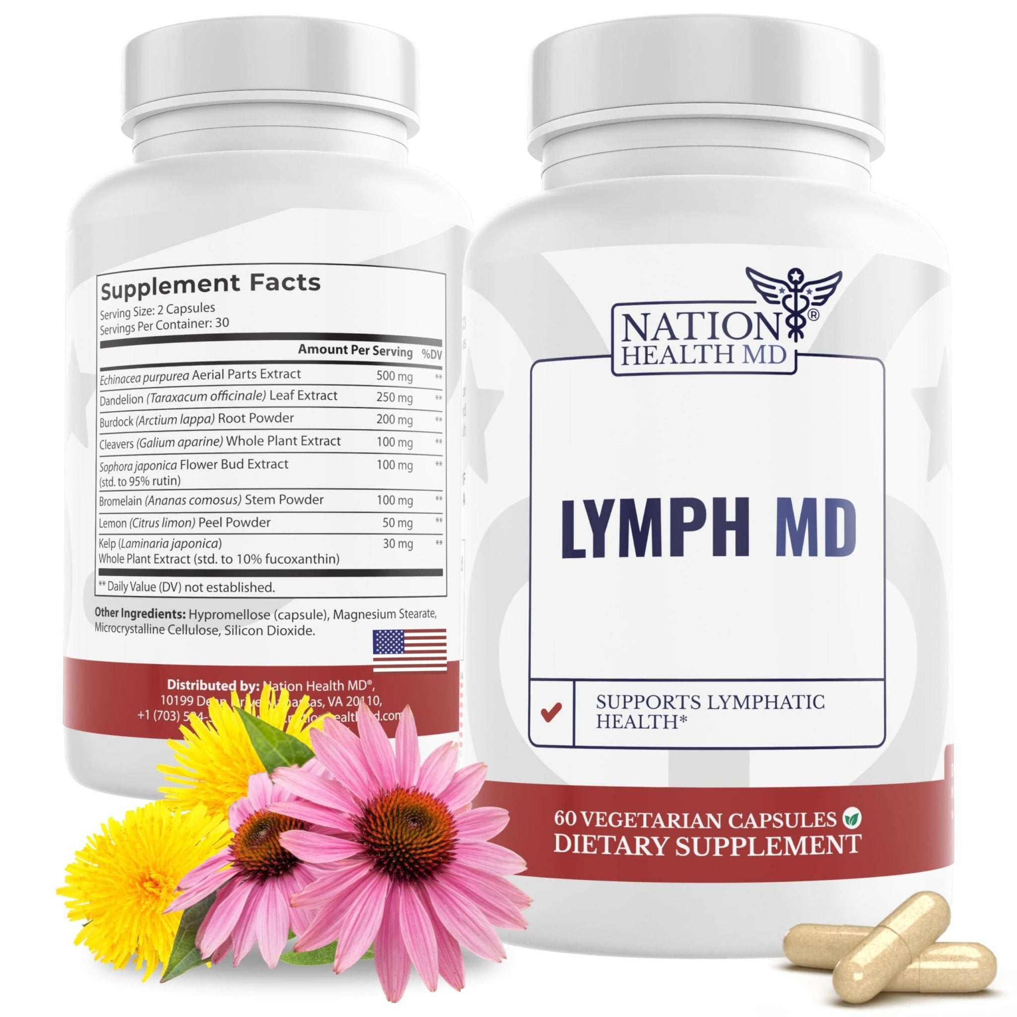 NATION HEALTH MD Lymph MD - Lymphatic Drainage Supplement - with Bromelain, Echinacea, Burdock Root, Dandelion, Rutin, Kelp & More - Lymph System Support for Women & Men - 60 Capsules - Maple Wellness Supplements
