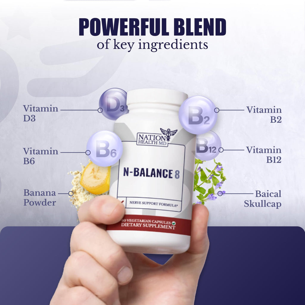 NATION HEALTH MD N-Balance 8 - Nerve Support Formula - Nerve Support Supplement with Alpha Lipoic Acid, Benfotiamine and ALA - Nerve Health Supplements for Men & Women, 120 Capsules - TrustMedUSA