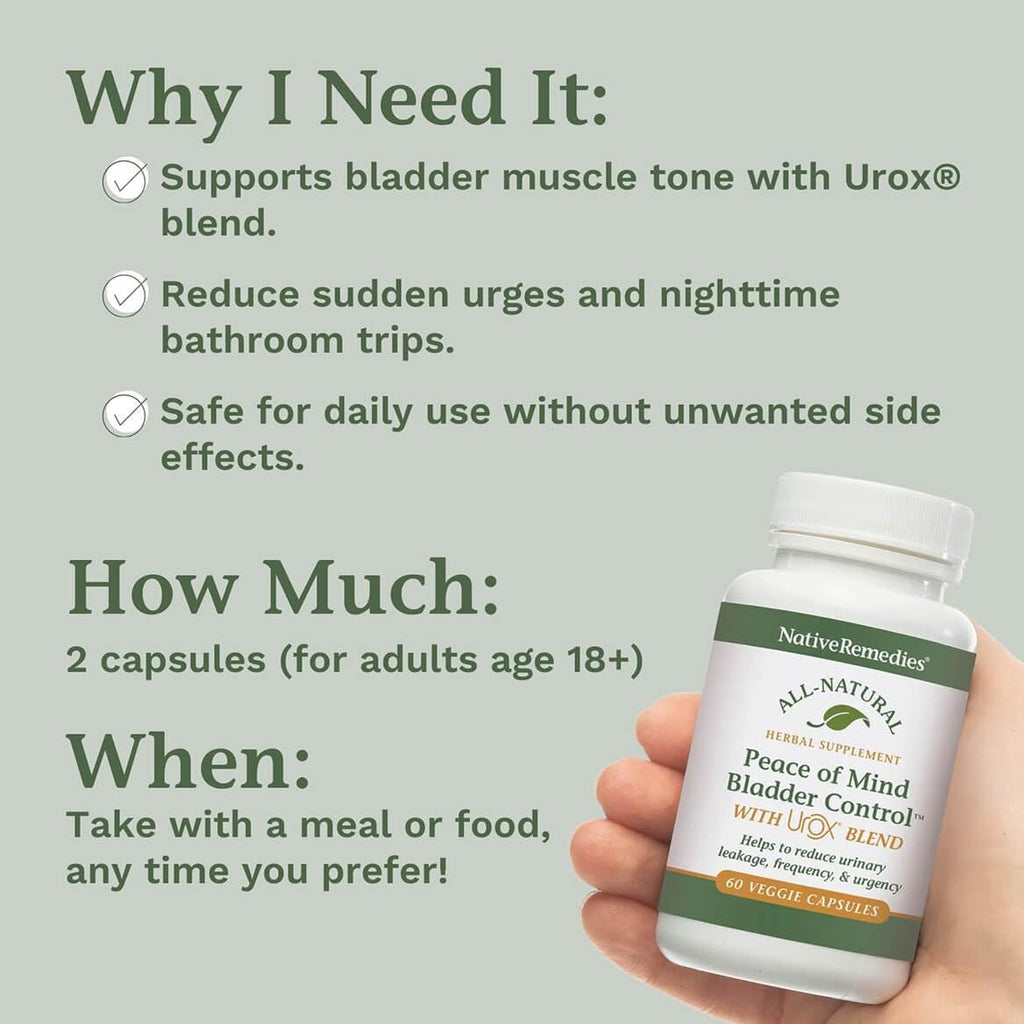 Native Remedies Bladder Control Supplements - Peace of Mind with Urox - Bladder Support for Women & Men, for Overactive Bladders Health - Reduce Nighttime Urination - Non-GMO Vegan Capsules (60 Count) - TrustMedUSA