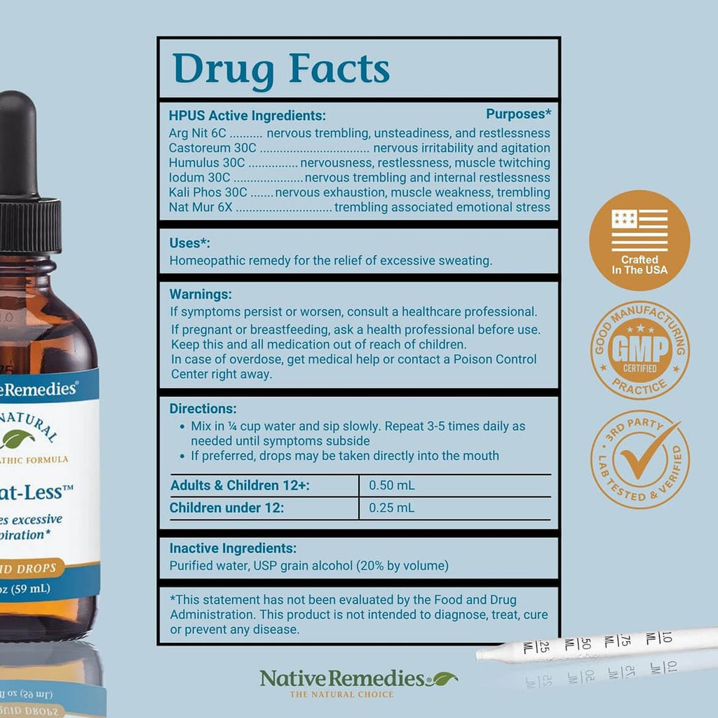 Native Remedies Sweat-Less - Natural Homeopathic Formula for Excessive Sweating, Perspiration and Clamminess - 59 mL - TrustMedUSA