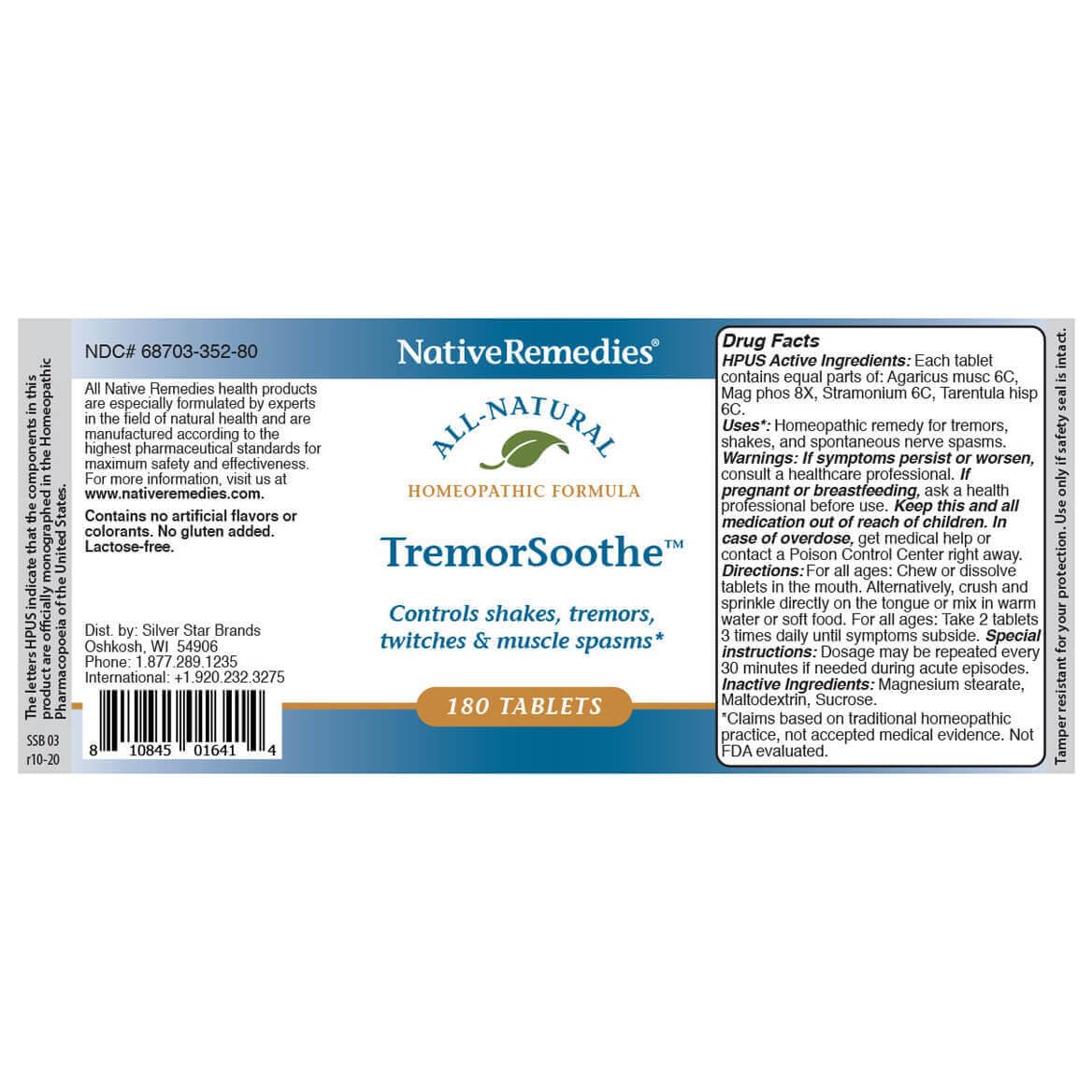 Native Remedies TremorSoothe - Natural Homeopathic Formula to Temporarily Control Shakes, Tremors, Muscle Spasms and Twitches -180 Tablets - TrustMedUSA