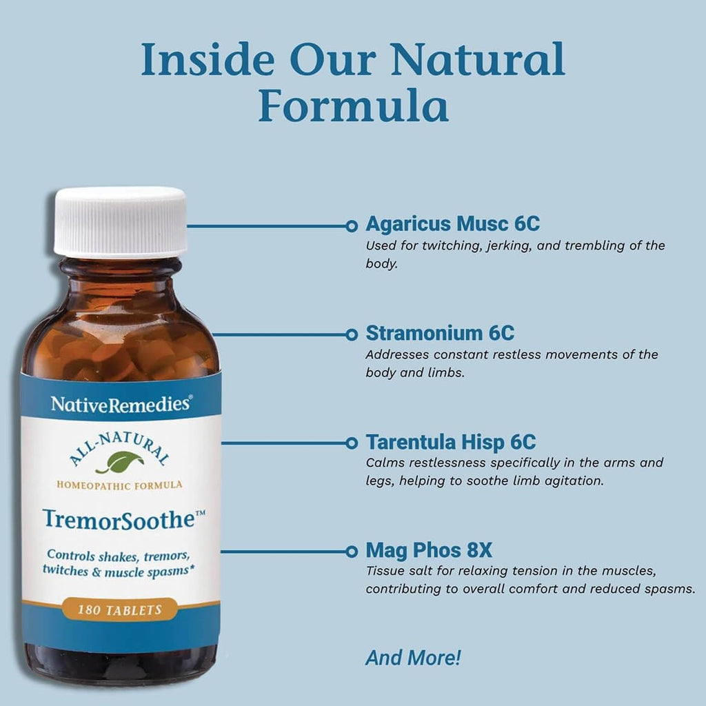 Native Remedies TremorSoothe - Natural Homeopathic Formula to Temporarily Control Shakes, Tremors, Muscle Spasms and Twitches -180 Tablets - TrustMedUSA