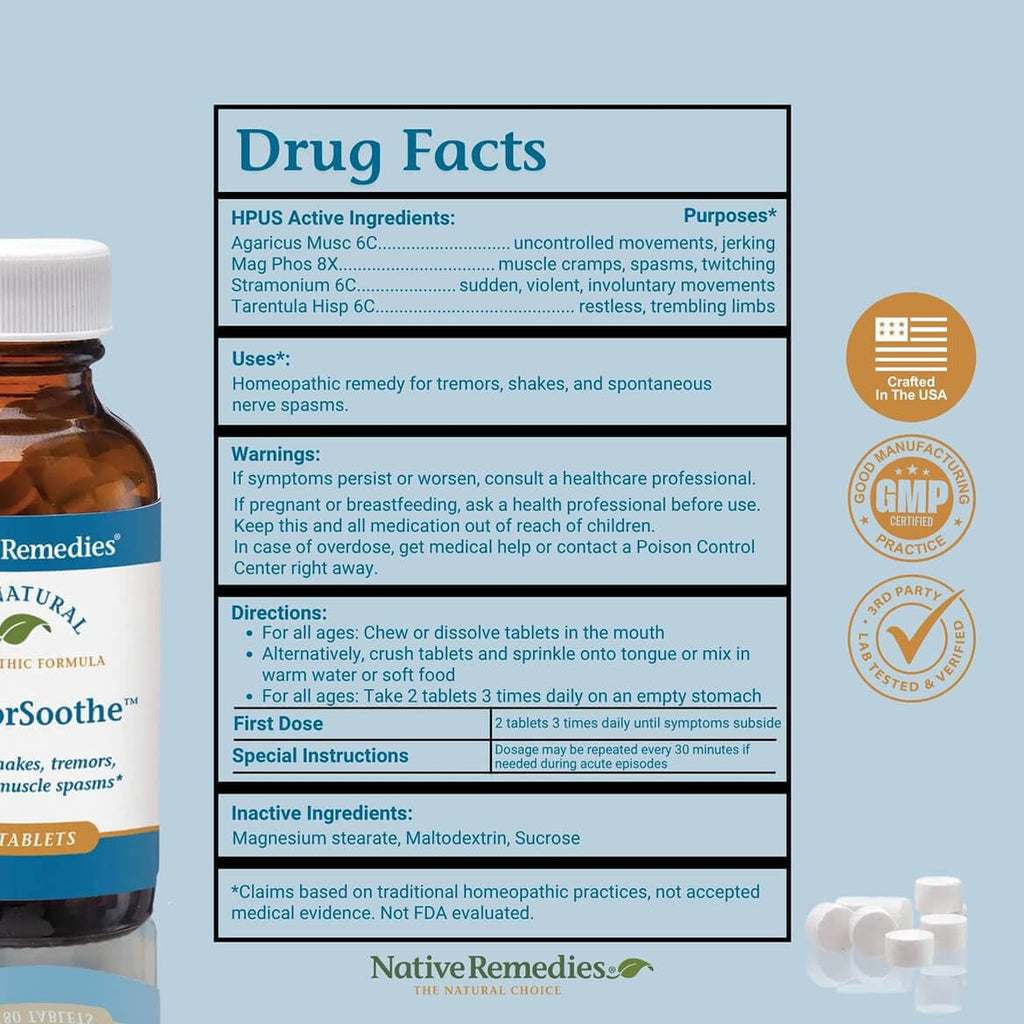 Native Remedies TremorSoothe - Natural Homeopathic Formula to Temporarily Control Shakes, Tremors, Muscle Spasms and Twitches -180 Tablets - TrustMedUSA