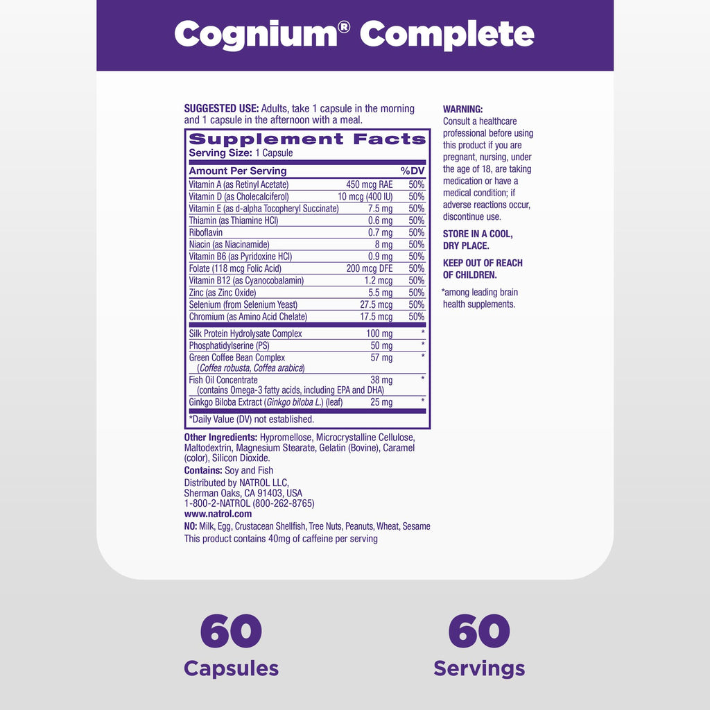 Natrol Cognium Complete, Dietary Supplement for Brain Health, Brain Health Supplements for Adults, 60 Capsules, 30 Day Supply - TrustMedUSA