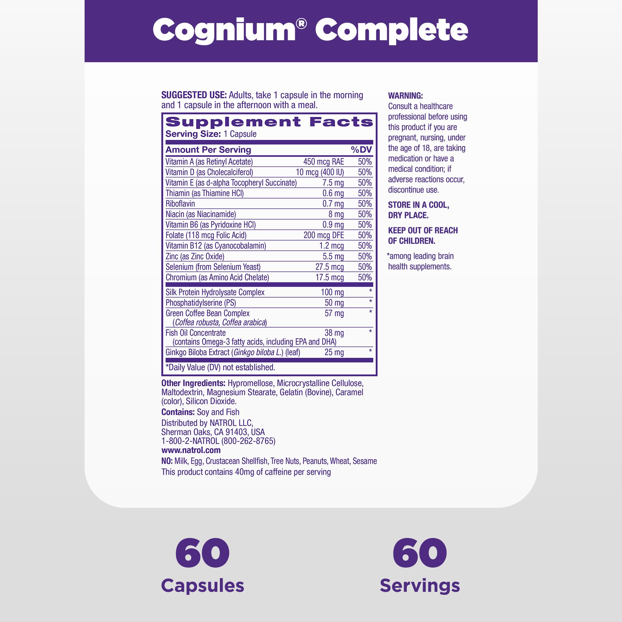 Natrol Cognium Complete, Dietary Supplement for Brain Health, Brain Health Supplements for Adults, 60 Capsules, 30 Day Supply - TrustMedUSA