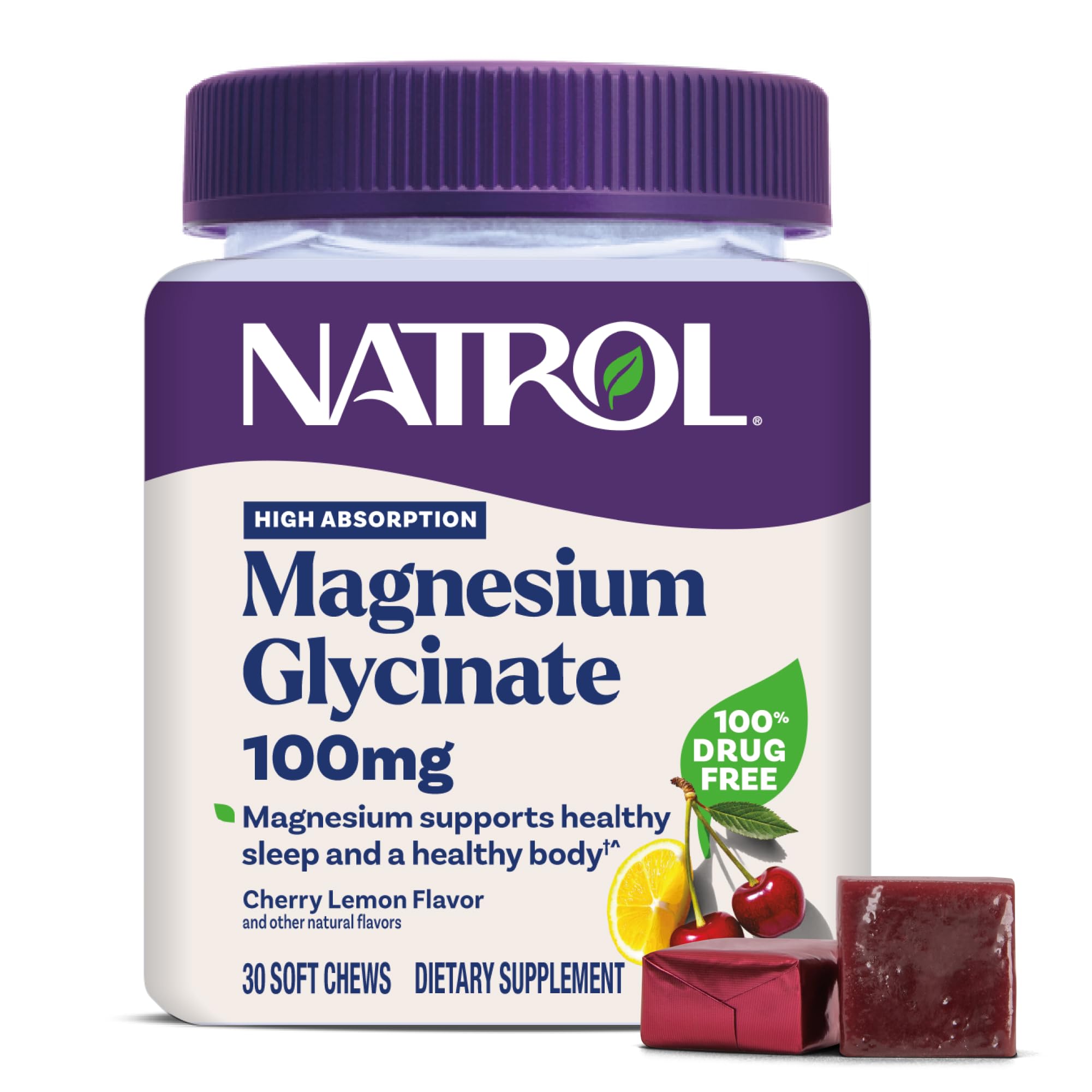 Natrol Magnesium Glycinate Supplements 100mg, Cherry Lemon Soft Chews for Healthy Sleep and Body, Magnesium Glycinate 100mg, Up to a 30 Day Supply - TrustMedUSA
