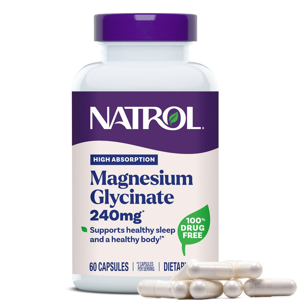 Natrol Magnesium Glycinate Supplements 240 mg - High Absorption - Calm Magnesium Glycinate for Sleep - 60 Capsules, 30 Day Supply - TrustMedUSA