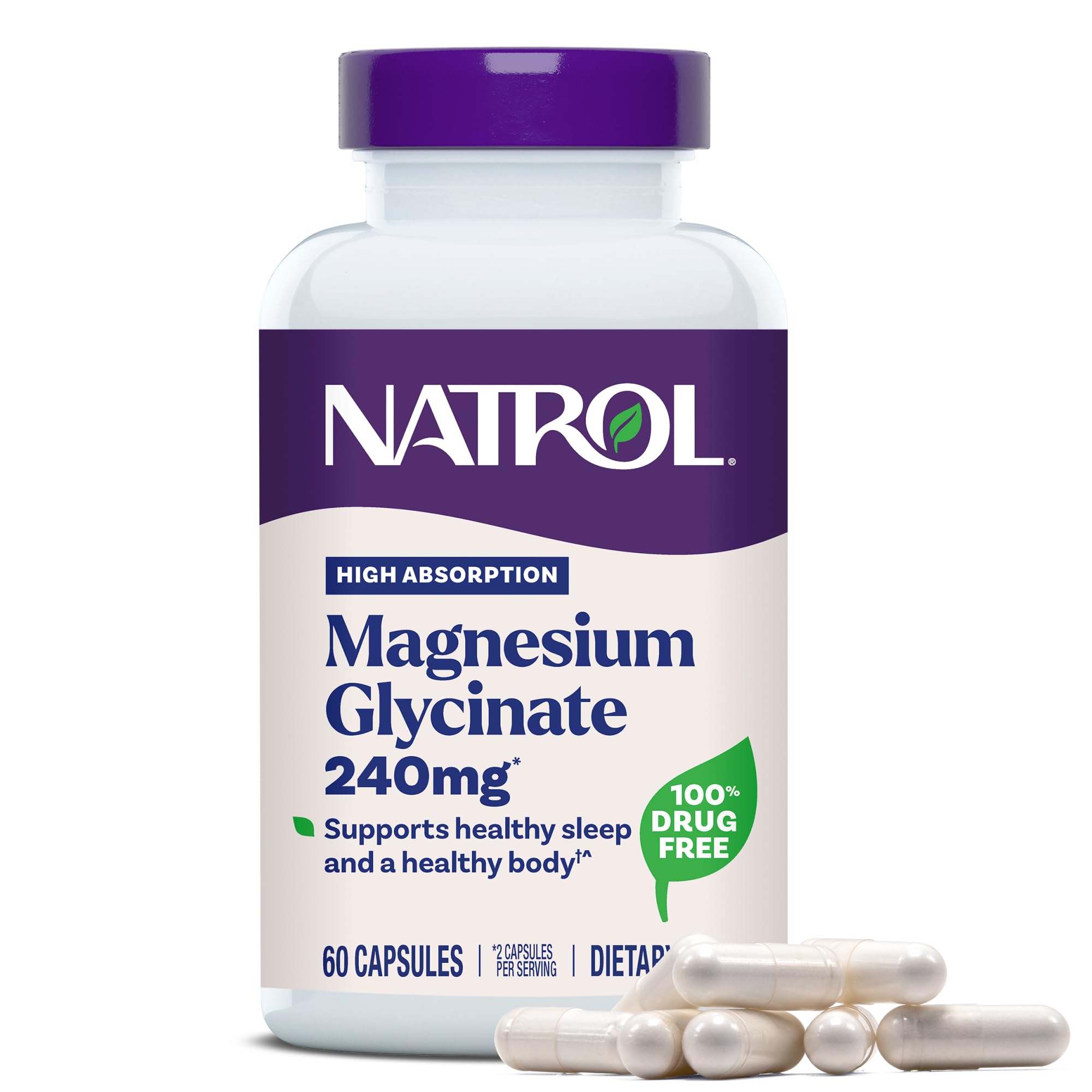 Natrol Magnesium Glycinate Supplements 240 mg - High Absorption - Calm Magnesium Glycinate for Sleep - 60 Capsules, 30 Day Supply - TrustMedUSA