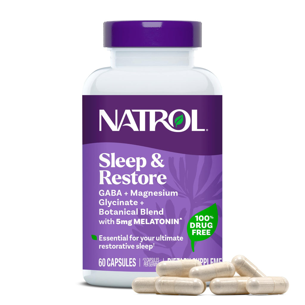 Natrol Sleep & Restore Capsules - Calm Magnesium Glycinate, Magnesium Sleep Aid with GABA, Melatonin 5mg, Botanical Blend, 30 Day Supply - TrustMedUSA