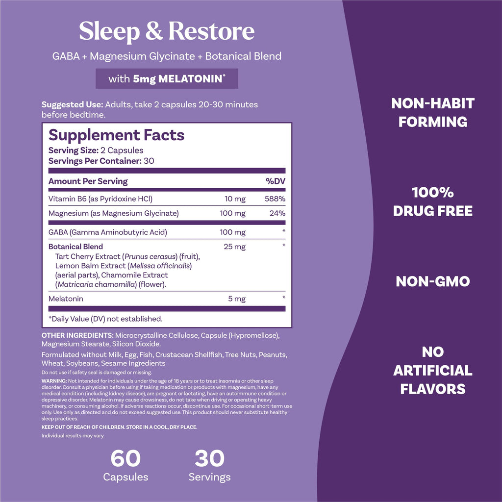 Natrol Sleep & Restore Capsules - Calm Magnesium Glycinate, Magnesium Sleep Aid with GABA, Melatonin 5mg, Botanical Blend, 30 Day Supply - TrustMedUSA