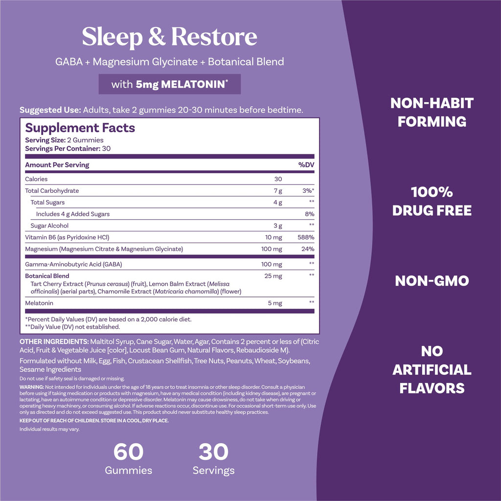 Natrol Sleep + Restore Magnesium Glycinate Blend Gummies with Melatonin 5mg - Calm Magnesium with GABA, Botanical Blend, Cherry Flavor, 60 Gummies - TrustMedUSA