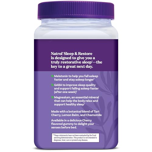 Natrol Sleep + Restore Magnesium Glycinate Blend Gummies with Melatonin 5mg - Calm Magnesium with GABA, Botanical Blend, Cherry Flavor, 60 Gummies - TrustMedUSA