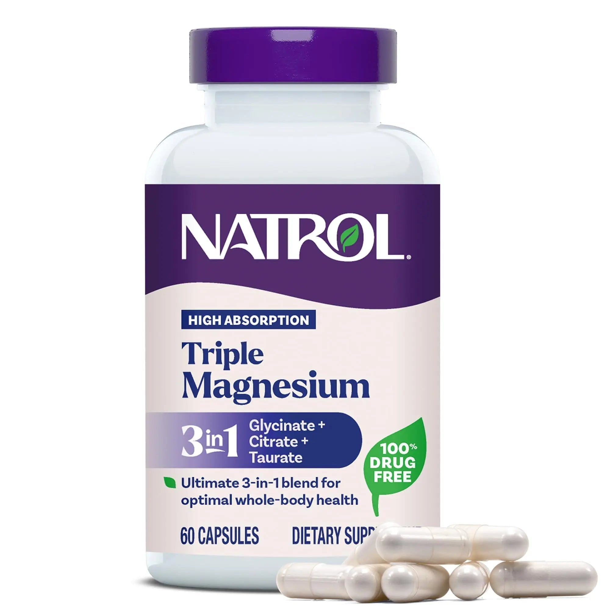 Natrol Triple Magnesium Complex Supplement, Glycinate, Citrate & Taurate 200mg High Absorption, Support Whole Body Wellness, 60 Capsules - TrustMedUSA