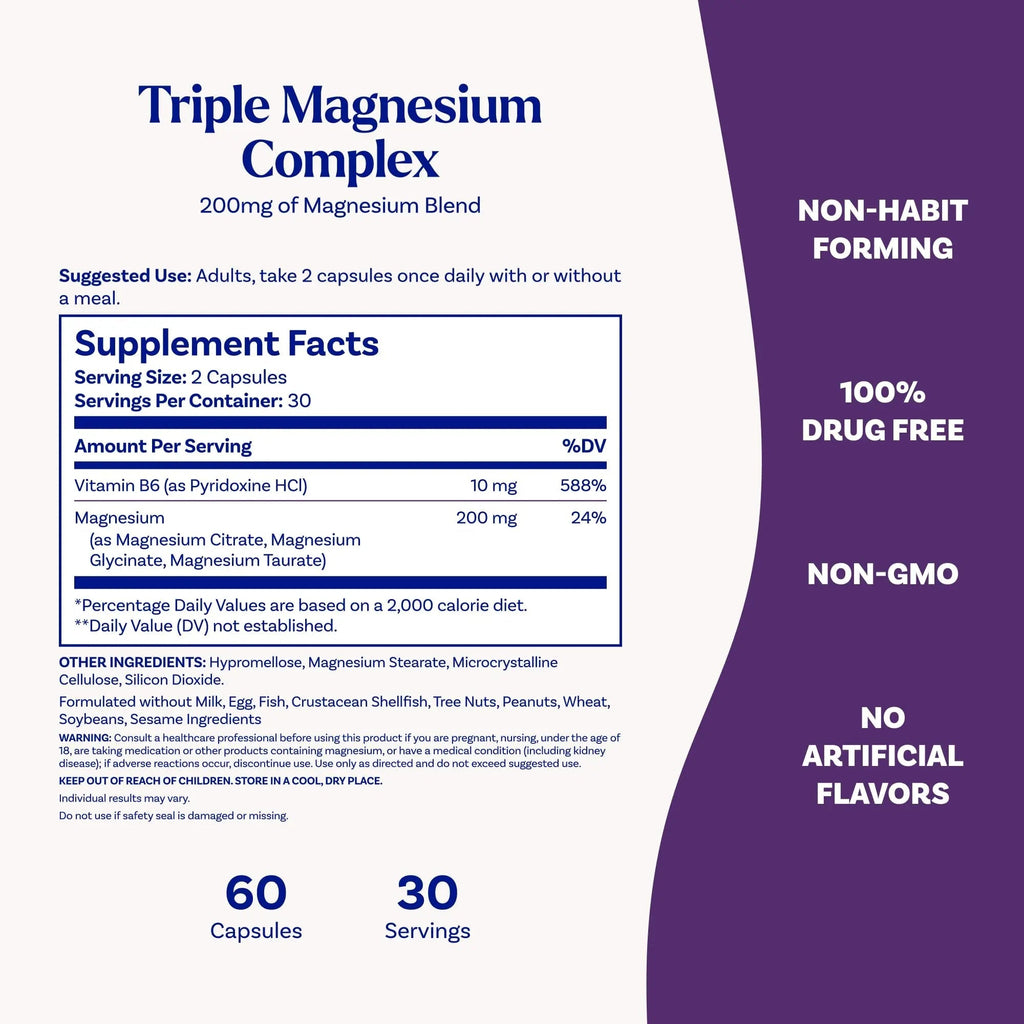 Natrol Triple Magnesium Complex Supplement, Glycinate, Citrate & Taurate 200mg High Absorption, Support Whole Body Wellness, 60 Capsules - TrustMedUSA