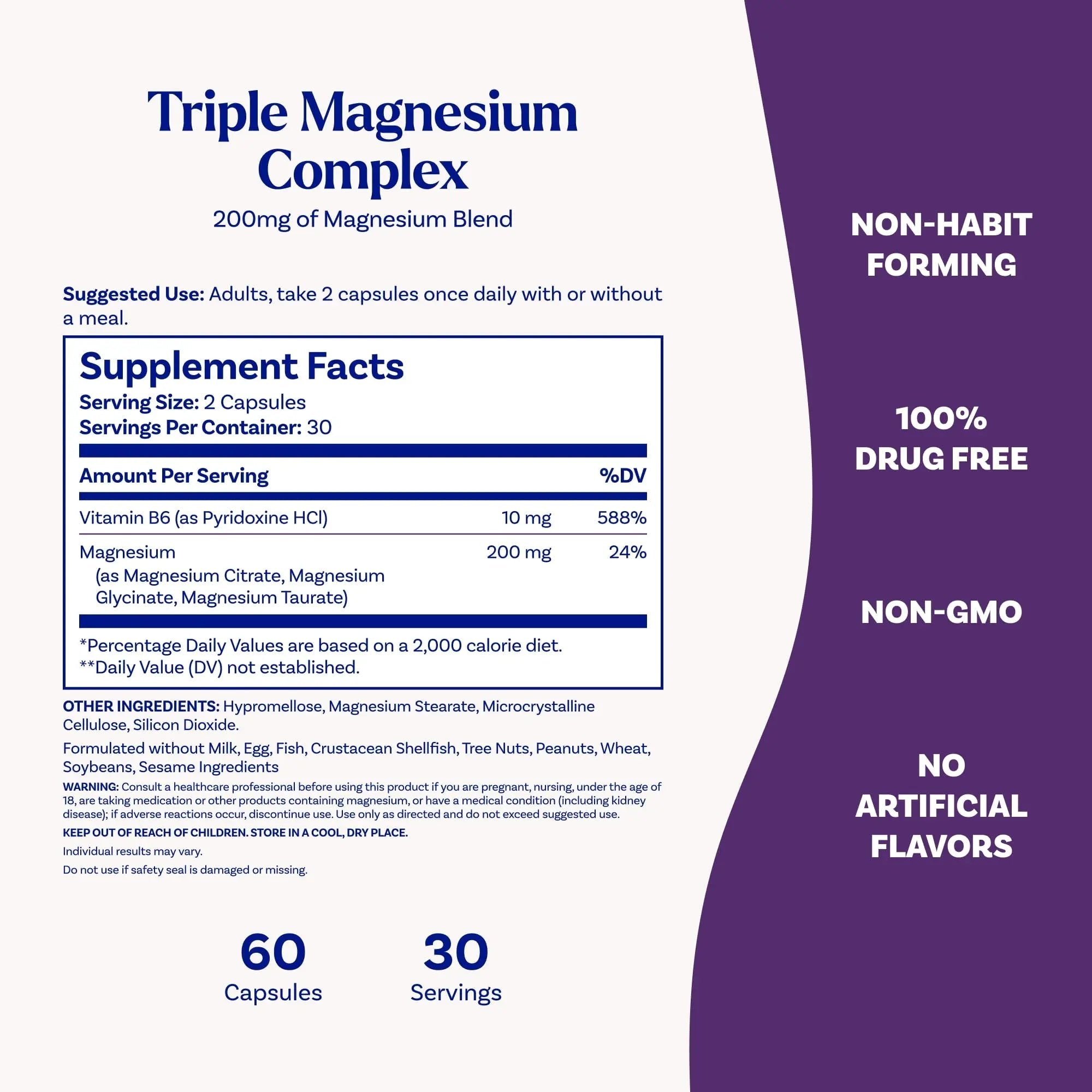 Natrol Triple Magnesium Complex Supplement, Glycinate, Citrate & Taurate 200mg High Absorption, Support Whole Body Wellness, 60 Capsules - TrustMedUSA