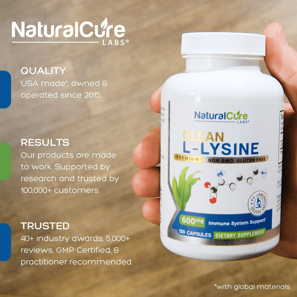 Natural Cure Labs Clean L-Lysine 600mg, 120 Capsules | Vegan, Non-GMO, & Gluten Free - Maple Wellness Supplements