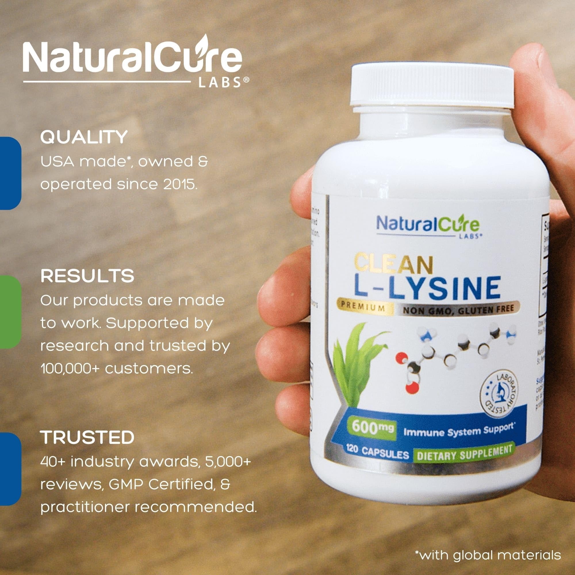 Natural Cure Labs Clean L-Lysine 600mg, 120 Capsules | Vegan, Non-GMO, & Gluten Free - Maple Wellness Supplements