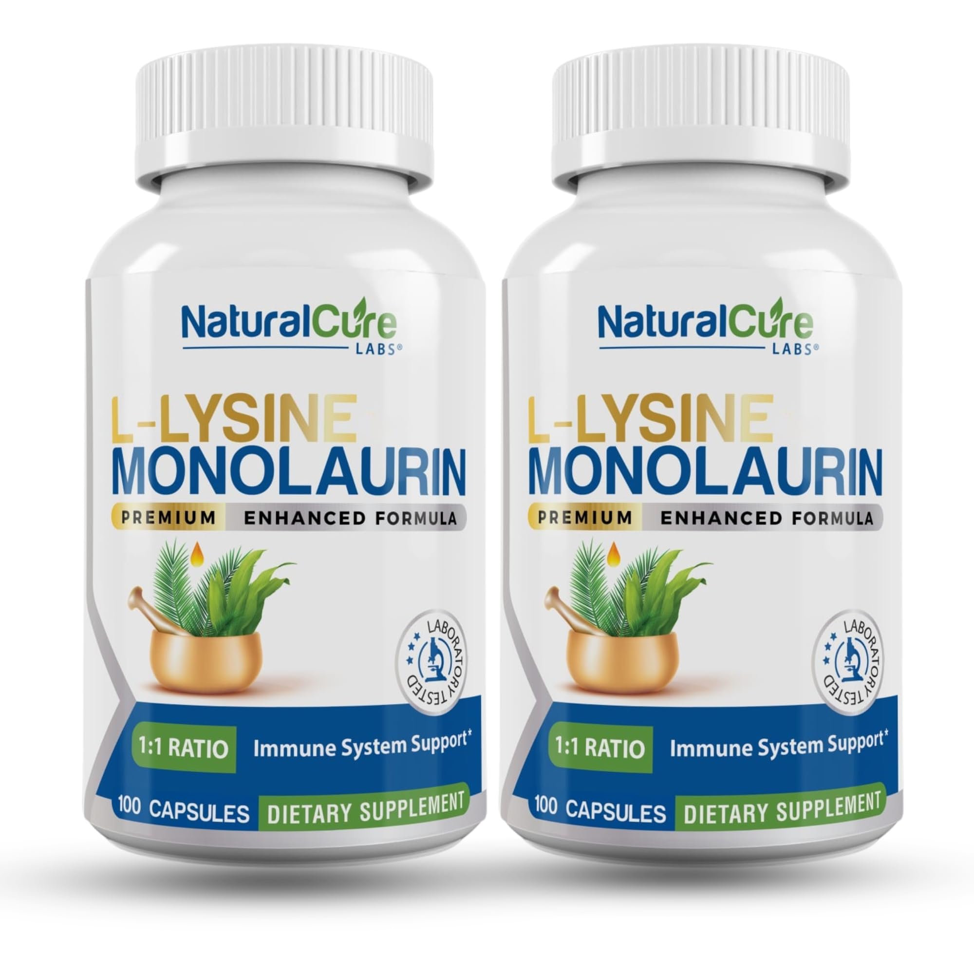 Natural Cure Labs L-Lysine with Monolaurin 600mg 1:1 Ratio, 2 Pack, 200 Capsules - Maple Wellness Supplements