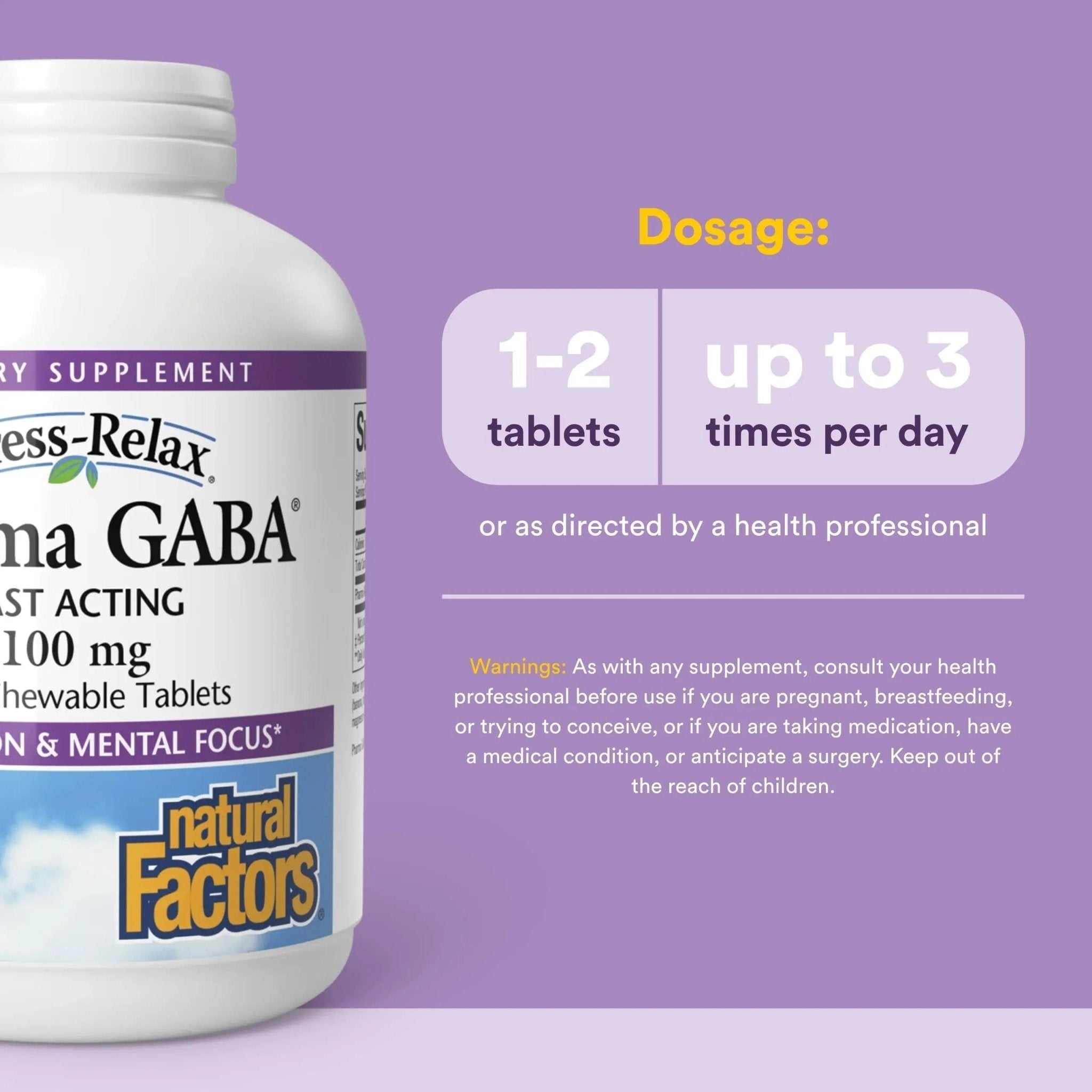 Natural Factors Pharma GABA - Dietary Supplement Supports Calm Sleep & Sleep Quality - Natural, Fast-Working Supplement Aids Focus & Brain Health - 120 Chewable Tablets (60 Servings) - TrustMedUSA