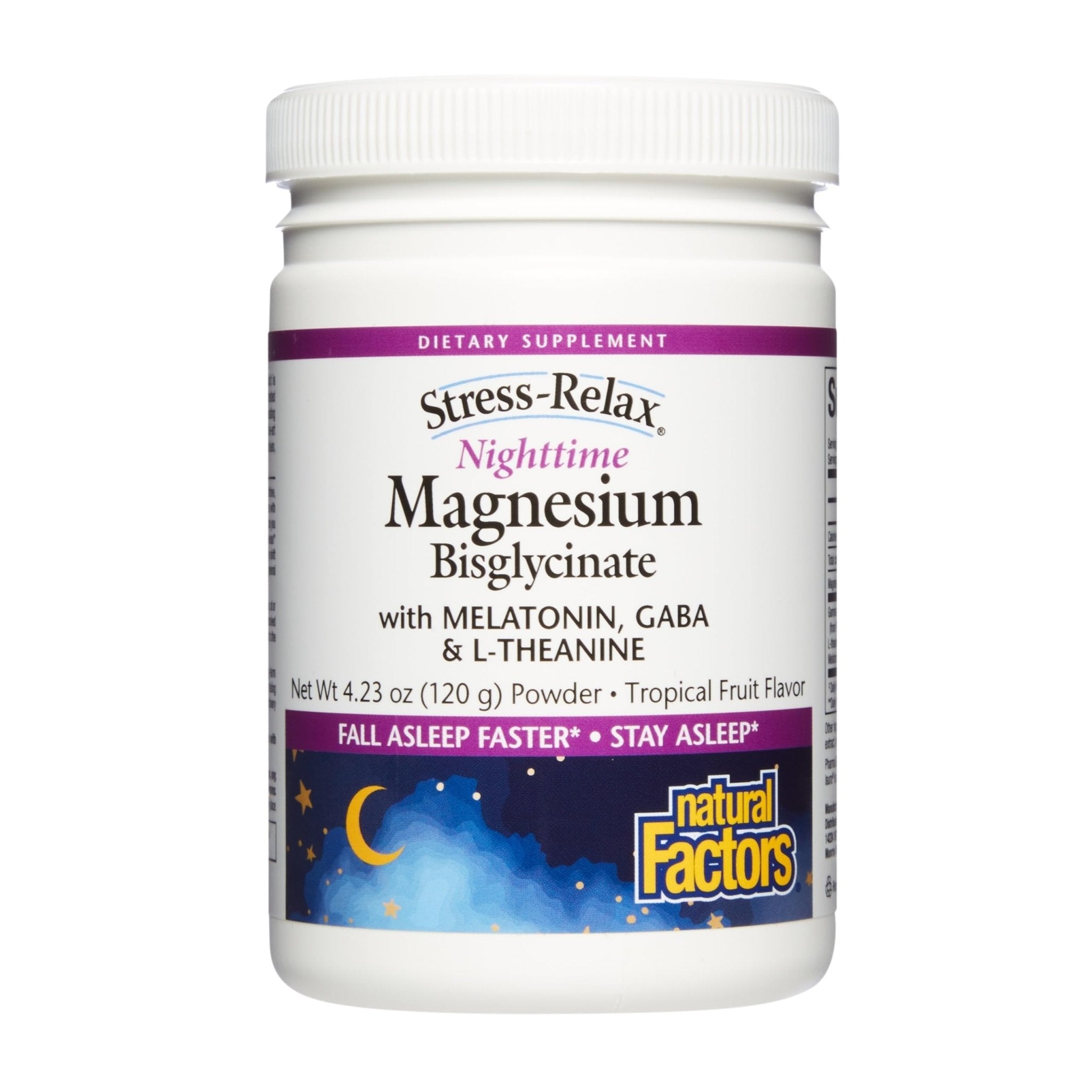 Natural Factors Stress-Relax Nighttime Magnesium Bisglycinate - Supports Sleep & Relaxation* - with Melatonin, L-Theanine & GABA - Tropical Flavor - 4.23 oz - TrustMedUSA