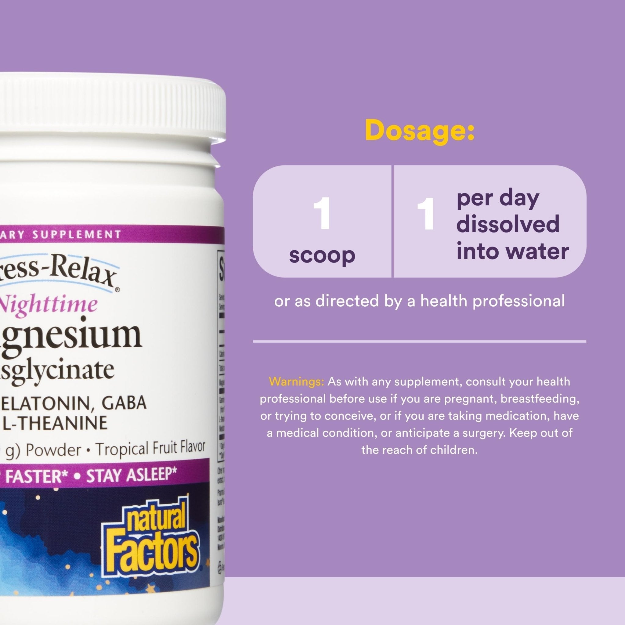 Natural Factors Stress-Relax Nighttime Magnesium Bisglycinate - Supports Sleep & Relaxation* - with Melatonin, L-Theanine & GABA - Tropical Flavor - 4.23 oz - TrustMedUSA