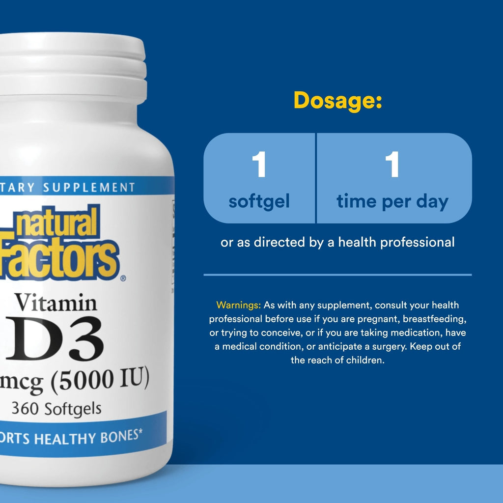Natural Factors, Vitamin D3 5000 IU (125 mcg), Supports Strong Bones, Muscles and Immune Function, 360 Softgels - TrustMedUSA