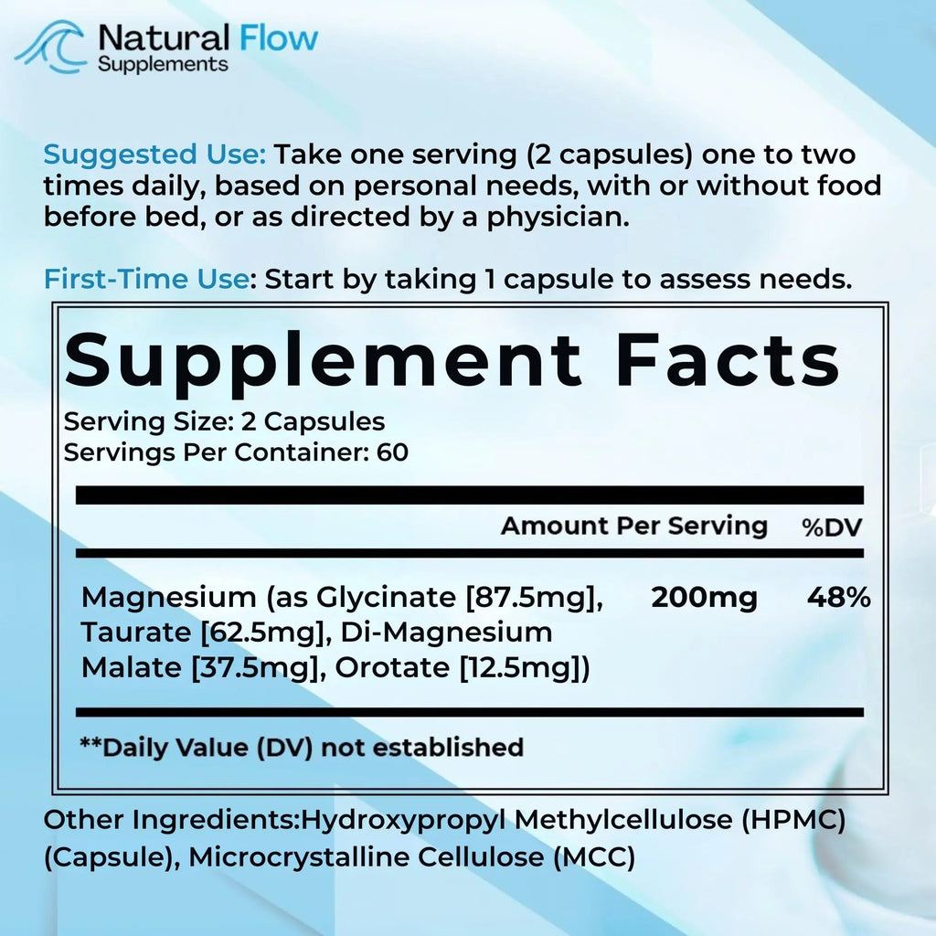 Natural Flow 4X Magnesium Supplement, Magnesium Glycinate, Taurate, Malate, Orotate Complex, Calm Sleep and Cramp Support Blend, No Mag Citrate or Oxide, 120 Capsules - TrustMedUSA