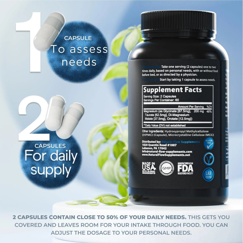 Natural Flow 4X Magnesium Supplement, Magnesium Glycinate, Taurate, Malate, Orotate Complex, Calm Sleep and Cramp Support Blend, No Mag Citrate or Oxide, 120 Capsules - TrustMedUSA