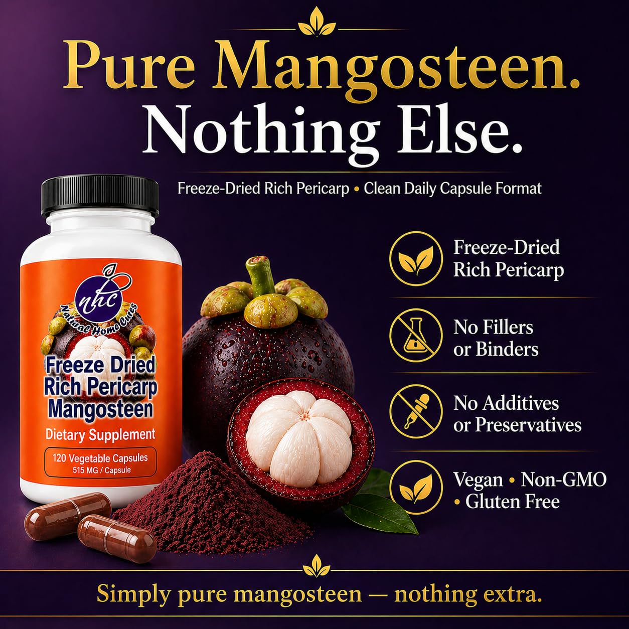 Natural Home Cures Freeze-Dried Mangosteen Rich Pericarp Capsules – 56+ Xanthones & Flavonoids, High ORAC Antioxidant Support, 515 mg, 120 Vegan Capsules - Maple Wellness Supplements