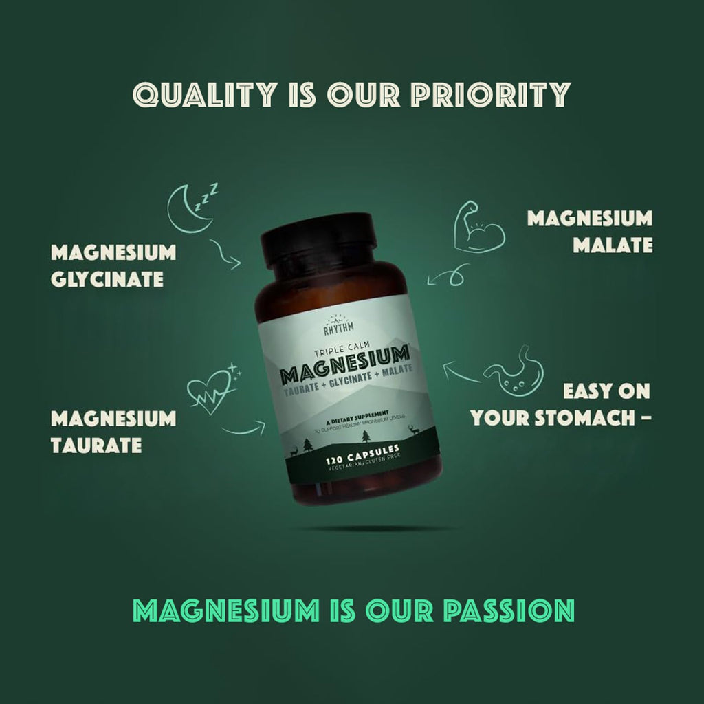 Natural Rhythm Triple Calm Magnesium Complex - 120 Capsules, Chelated Magnesium Glycinate, Taurate & Malate, High Absorption Supplement for Sleep, Stress, Muscle & Heart Support, Non-GMO, Vegan - TrustMedUSA